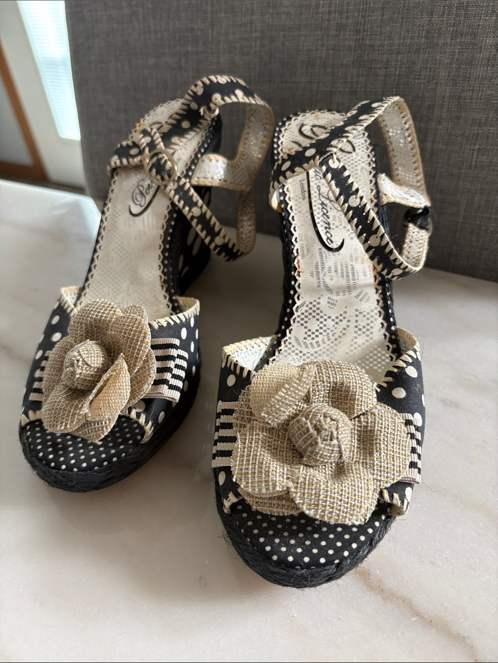 Poetic License Black and Beige Floral Wedge Sandals with Polka Dot Trim
